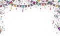 Festive background for birthday, children`s party with garlands, fireworks. Bright vector banner copy space. Royalty Free Stock Photo